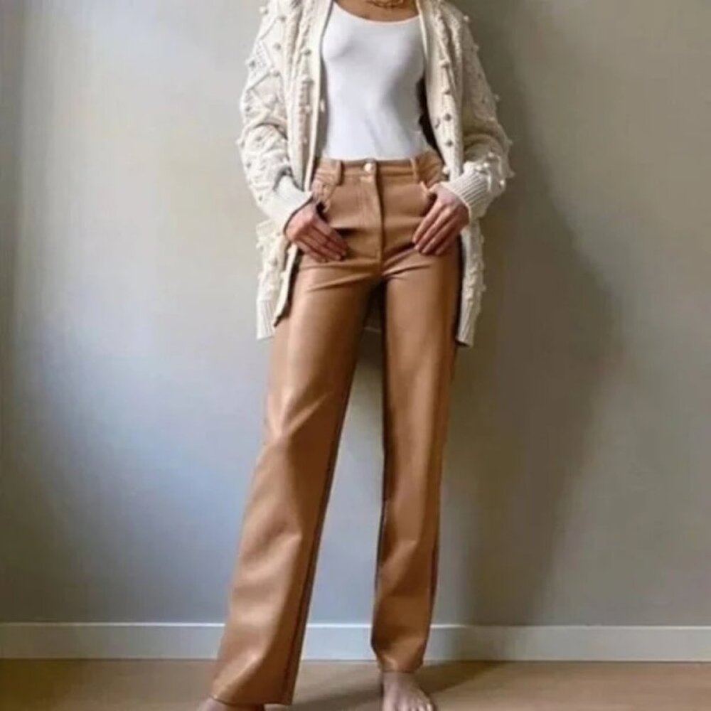 new~Wilfred~Melina High Rise Vegan Leather Pants size 12 Tall in Constant Camel